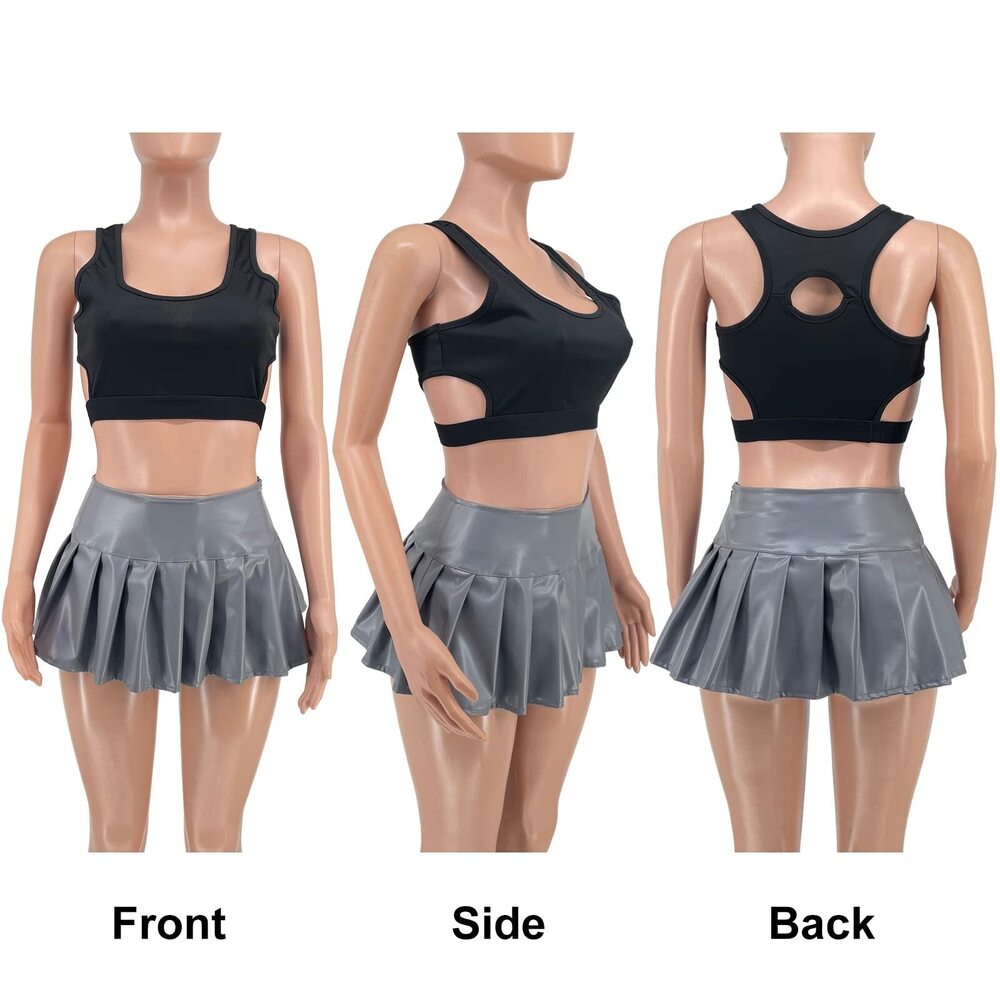 8221 Sexy Y2K Pu Leather Skirt High Wiast Stretchy Cute Mini Pleated Short - Picture 7 of 7
